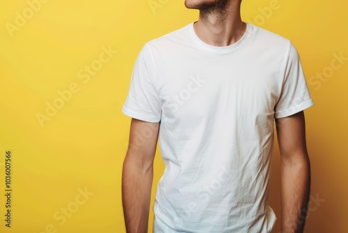 Man in a White T-Shirt Standing Against a Yellow Background