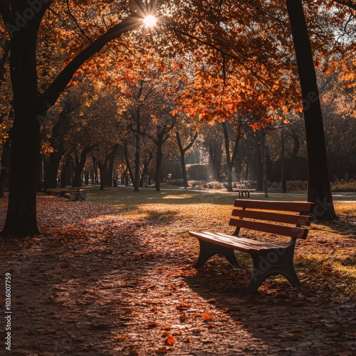 Serene park bench under autumn trees with sunlight