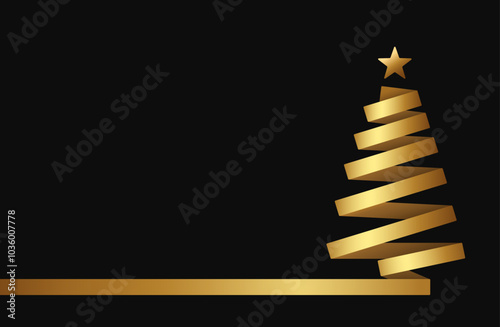 Gold christmas tree made from ribbon on black background