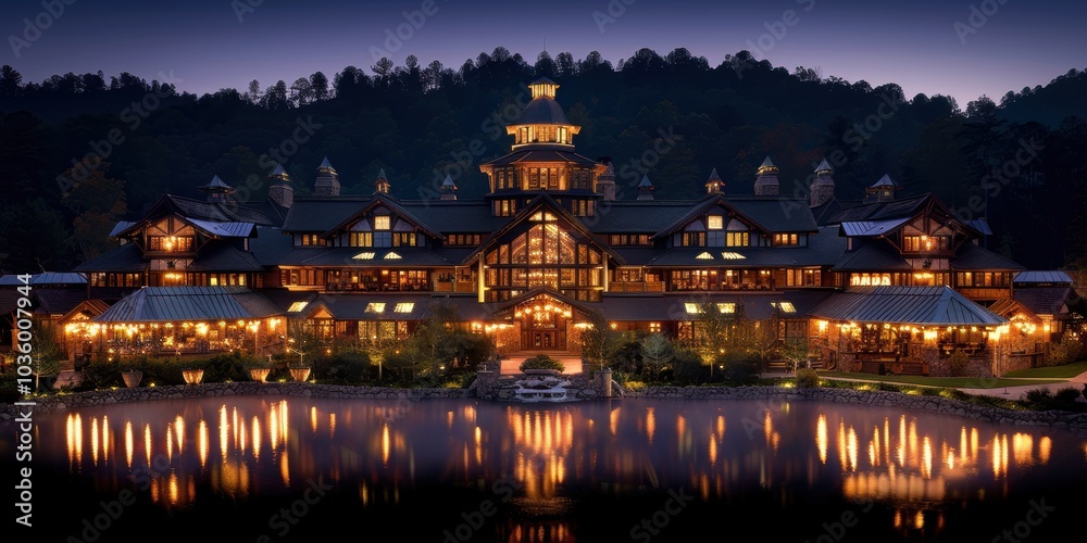Obraz premium A stunning architectural masterpiece nestled in the tranquil embrace of a serene forest landscape reflected in a calm lake at dusk, illuminated beautifully