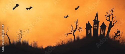 A Halloween scene with bats flying over a house and trees