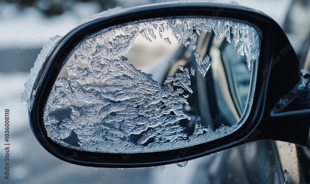 Ice crystals forming on a car's side mirror, with the smooth surface of the mirror creating a sharp, reflective texture Ice crystals forming on a car's side mirror, with the smooth surface of the mirror creating a sharp, reflective texture