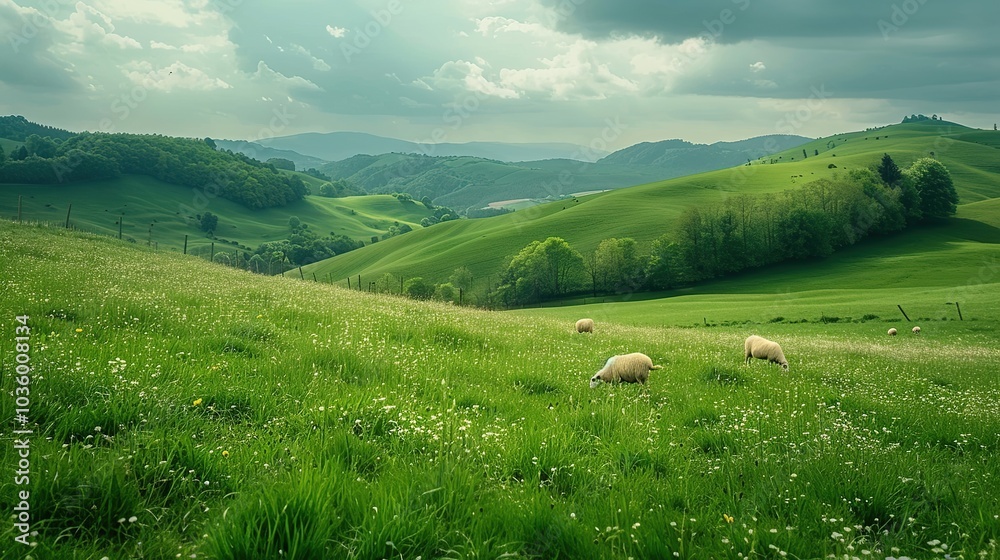 Idyllic pasture with grazing sheep and rolling green hills Idyllic pasture with grazing sheep and rolling green hills