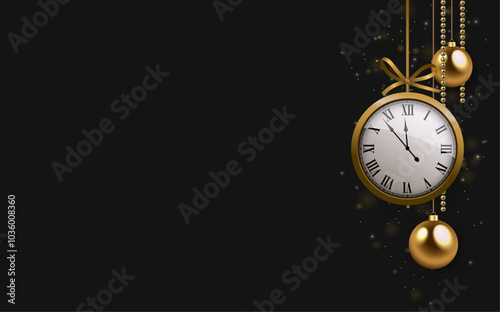 Happy New Year Gold decorations, gold clock, Christmas balls and confetti on a black background