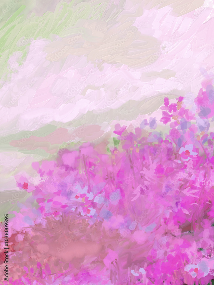 Fototapeta premium Impressionistic Landscape of Clouds Over Hills in Back w/Flowers wildflowers in Bloom Forefront -Digital Painting Art Illustration w/Canvas Paint Texture Lavender, Hot Pink, Aqua, Light Green & Pink