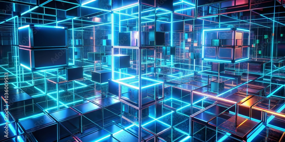 Obraz premium Neon Gridscape 3D Render of Interlocking Cubes with Vivid Blue and Orange Lights, Abstract , Architecture , 3D Rendering