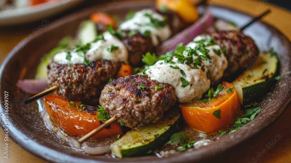 A delightful plate of Lebanese kafta kebabs, seasoned ground meat skewers served with grilled vegetables and tahini sauce, Kafta kebabs plate centered A delightful plate of Lebanese kafta kebabs, seasoned ground meat skewers served with grilled vegetables and tahini sauce, Kafta kebabs plate centered