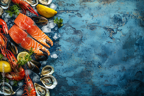 Seafood dinner on rustic blue wooden boards photo