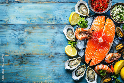 Seafood dinner on rustic blue wooden boards photo