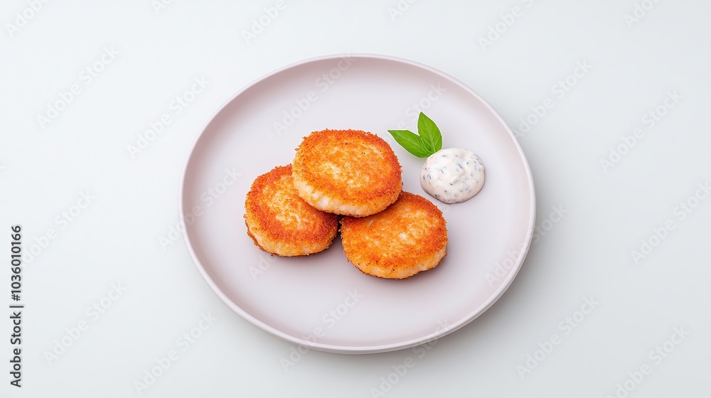 Golden Crispy Salmon Cakes with Basil and Creamy Dipping Sauce on Minimalist White Plate, Perfect for Appetizers, Seafood Recipes, and Food Photography with Copy Space

