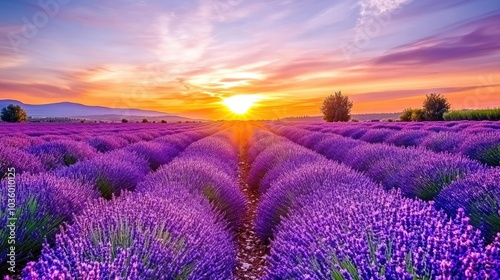 Scenic Lavender Field at Sunset with Vibrant Colors