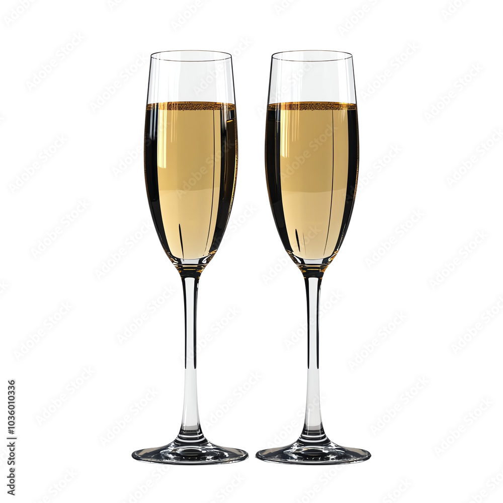 Two champagne glasses filled with bubbly beverage on white isolated background. Two champagne glasses filled with bubbly beverage on white isolated background.