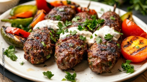 A delightful plate of Lebanese kafta kebabs, seasoned ground meat skewers served with grilled vegetables and tahini sauce, Kafta kebabs plate centered