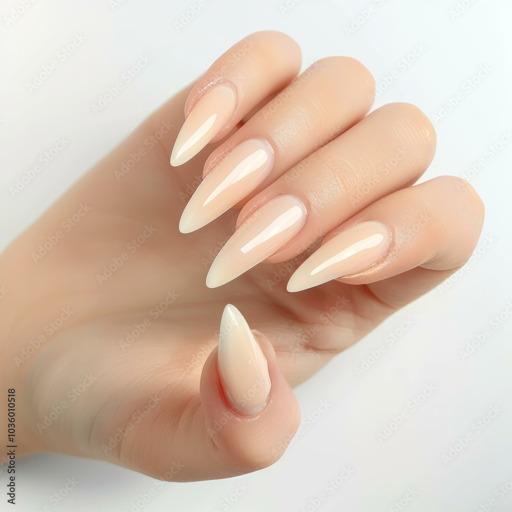 Woman hand with long stiletto shaped nails is showing nude beige gel polish manicure on white background Woman hand with long stiletto shaped nails is showing nude beige gel polish manicure on white background