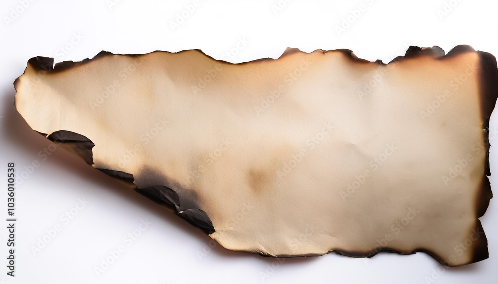 A piece of old parchment paper displaying burnt edges on side position provides copy space for text. background concept isolated white A piece of old parchment paper displaying burnt edges on side position provides copy space for text. background concept isolated white