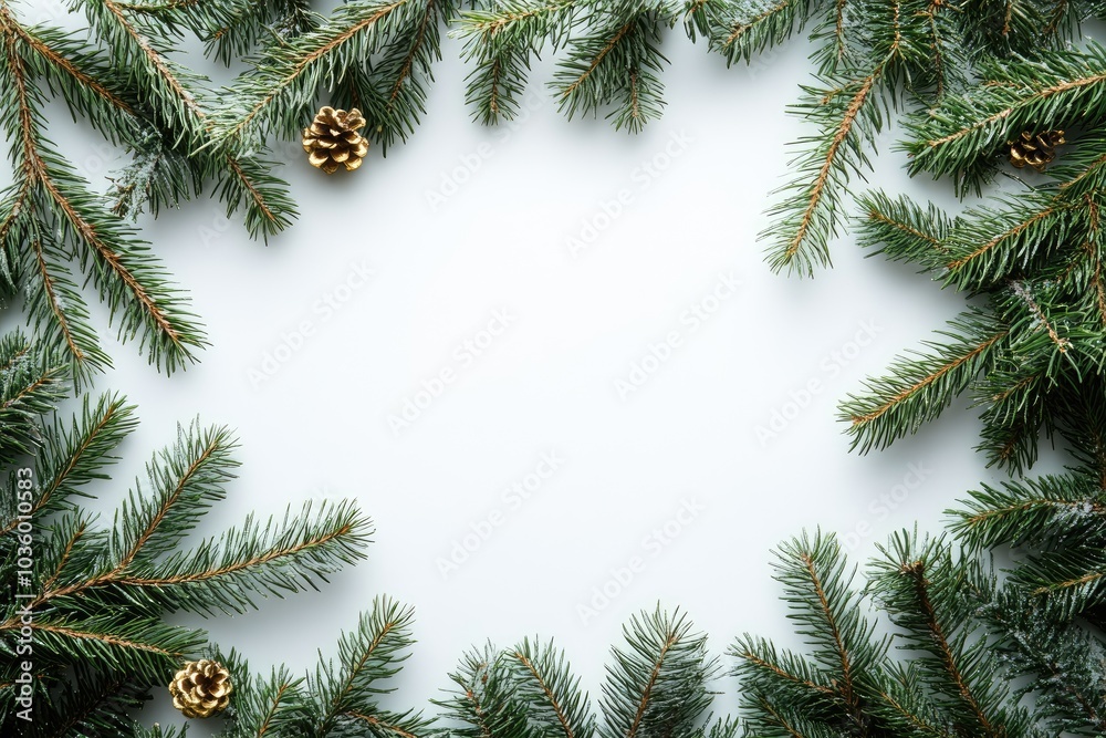 Festive Pine Branches and Cones Frame on White Background for Holiday Design Festive Pine Branches and Cones Frame on White Background for Holiday Design
