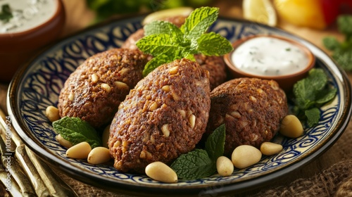 A delightful plate of Lebanese kibbeh nayeh, finely ground raw meat mixed with bulgur wheat, onions photo