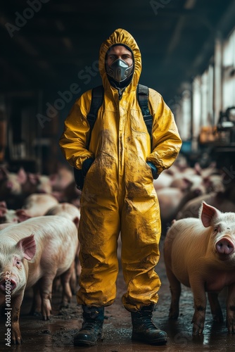 Male farmer in yellow protective suit stands confidently among pigs in a barn. photo