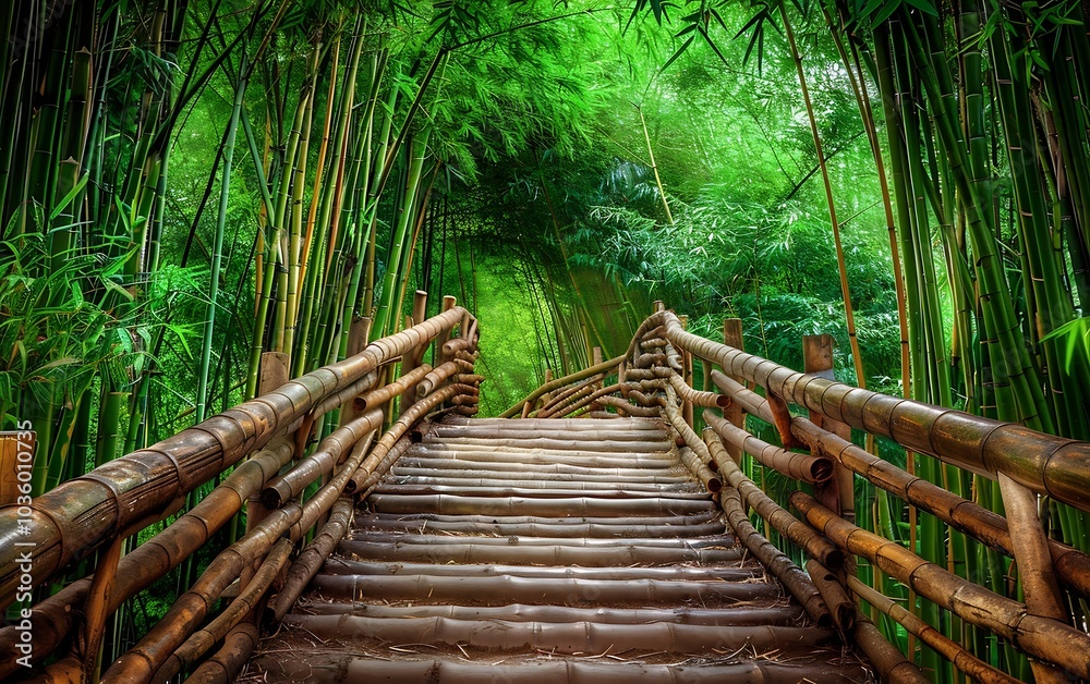 Obraz premium Bamboo forest with wooden walkway in the tropical rainforest.