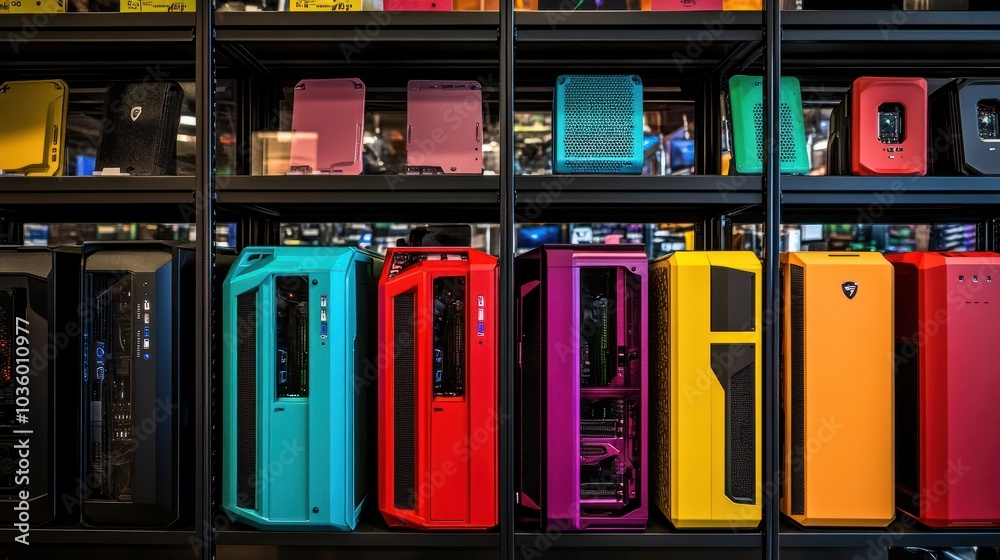 A row of colorful PC desktop computer cases neatly arranged on shelves in a technology store, showcasing variety and choice for buyers. A row of colorful PC desktop computer cases neatly arranged on shelves in a technology store, showcasing variety and choice for buyers.