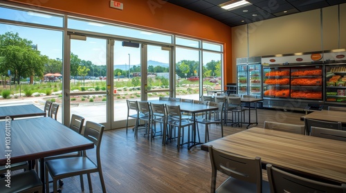 A spacious and modern indoor restaurant seating area with large windows overlooking a scenic outdoor view, featuring neatly arranged tables and chairs, and a wall display of refrigerated beverages photo