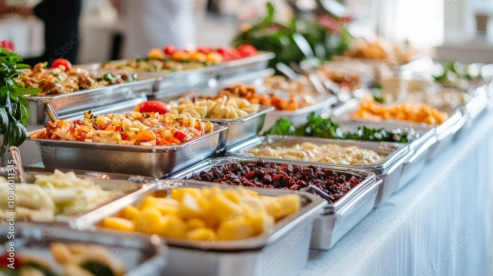 A stunning buffet table showcases an abundant selection of colorful dishes for guests A stunning buffet table showcases an abundant selection of colorful dishes for guests