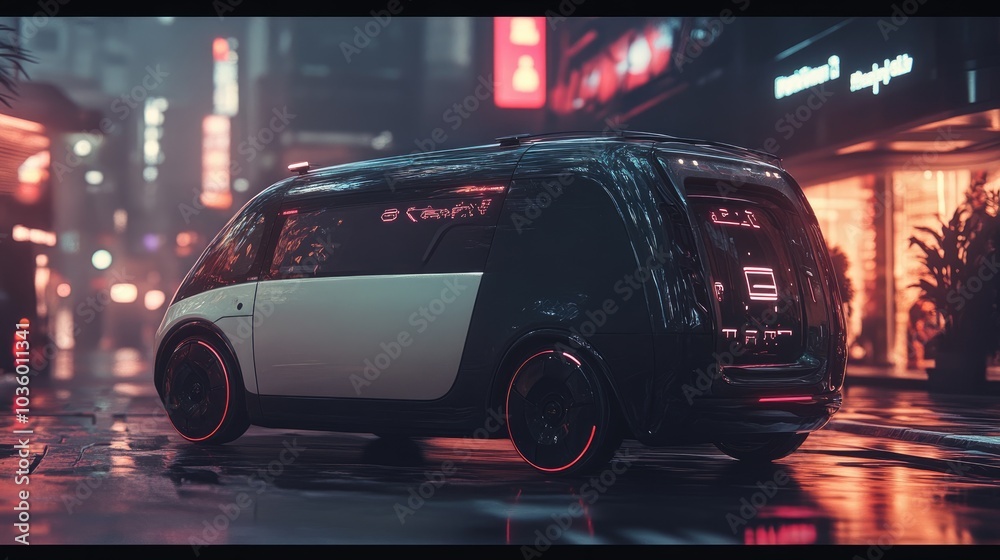 Obraz premium Futuristic Vehicle in Neon City Nightscape