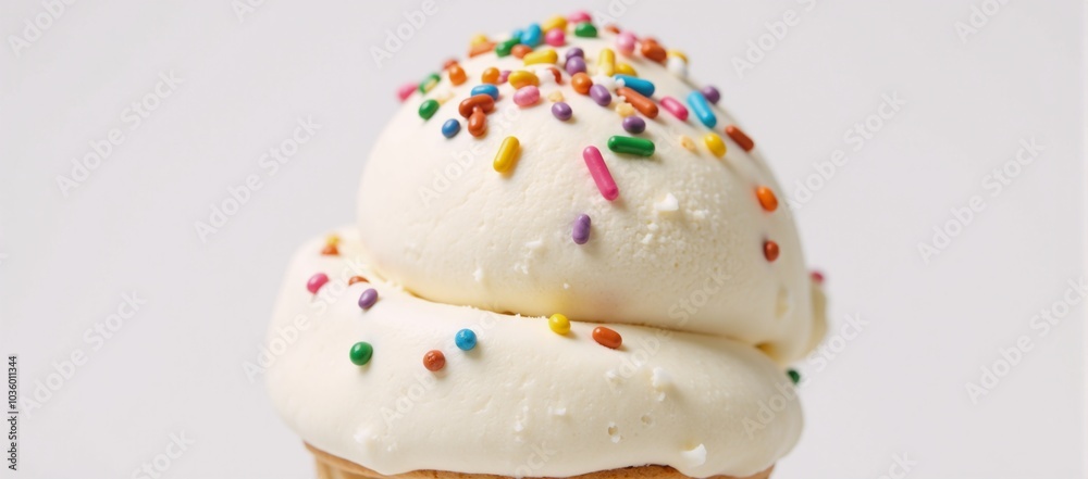 A colorful ice cream cone with swirls of vanilla and vibrant sprinkles adorning its peak A colorful ice cream cone with swirls of vanilla and vibrant sprinkles adorning its peak