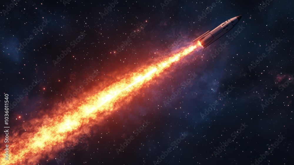 A space shuttle ascends from Earth's atmosphere into the vastness of space, leaving behind a fiery trail against the starry sky A space shuttle ascends from Earth's atmosphere into the vastness of space, leaving behind a fiery trail against the starry sky