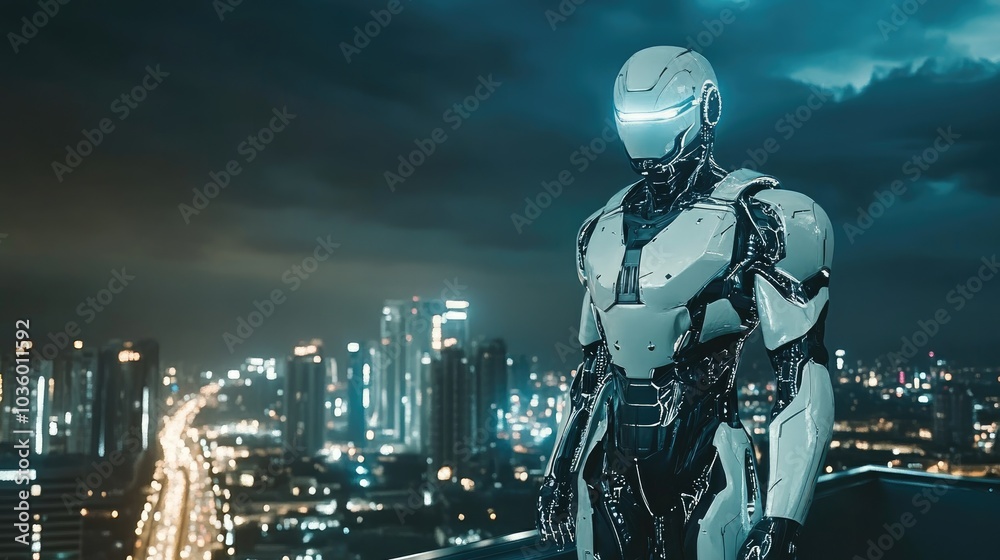 Futuristic Robot Overlooking Cityscape at Night Futuristic Robot Overlooking Cityscape at Night