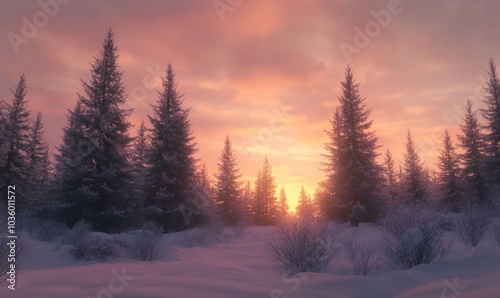 Snow-covered trees with a sky fading from soft pink to deep orange during a serene Christmas sunset