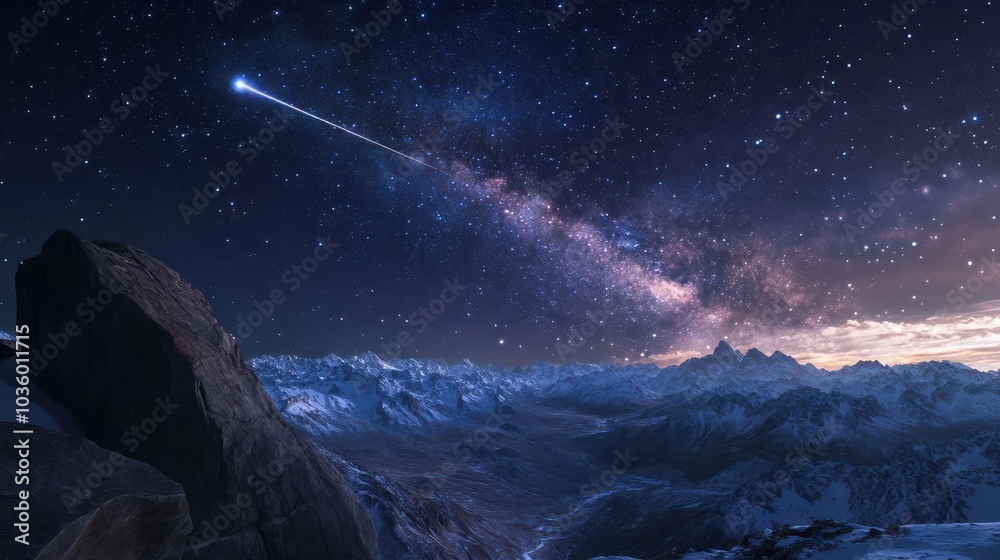 Naklejka premium A stunning panoramic stock photo capturing the Alpha Monocerotid meteor streaking across the sky amidst the mesmerizing view of the Milky Way galaxy and the Orion constellation
