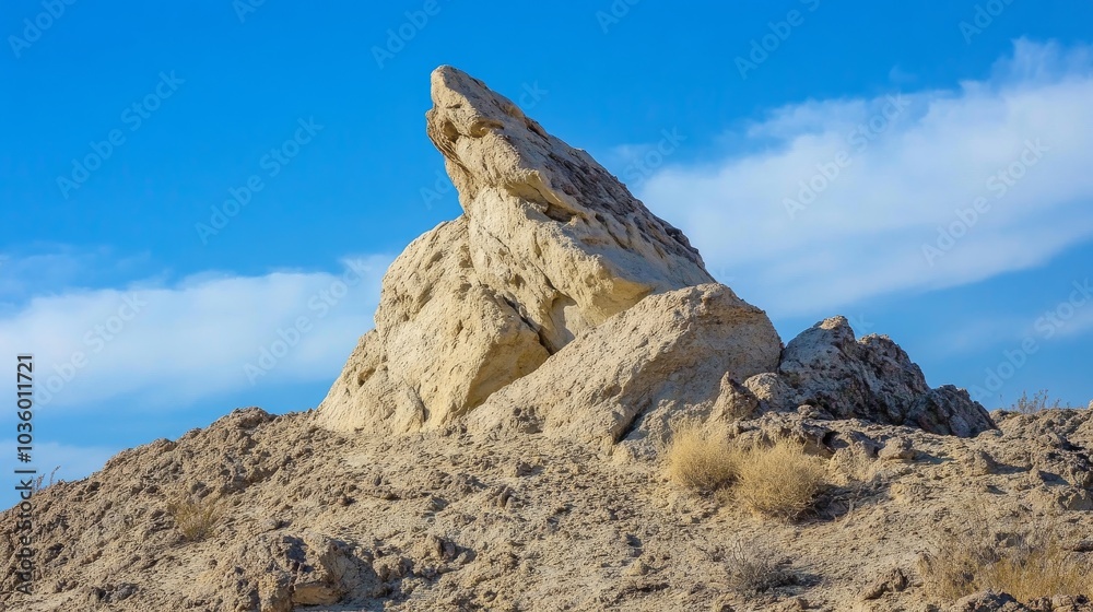A striking desert monument stands proudly against a vibrant blue sky adorned with clouds A striking desert monument stands proudly against a vibrant blue sky adorned with clouds