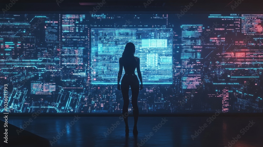 Silhouette Against Futuristic Data Display Silhouette Against Futuristic Data Display