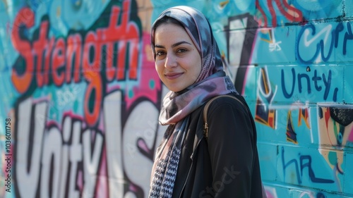 Portrait of a confident woman posing against a colorful street art mural emphasizing strength and unity