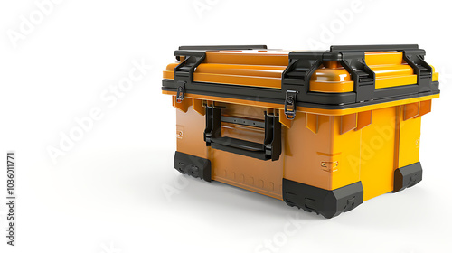 A yellow plastic toolbox with black accents, perfect for storing tools or equipment. photo