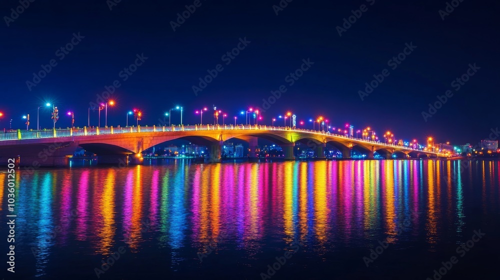 Fototapeta premium Brilliant lights adorn the bridge at night casting shimmering reflections on the water below