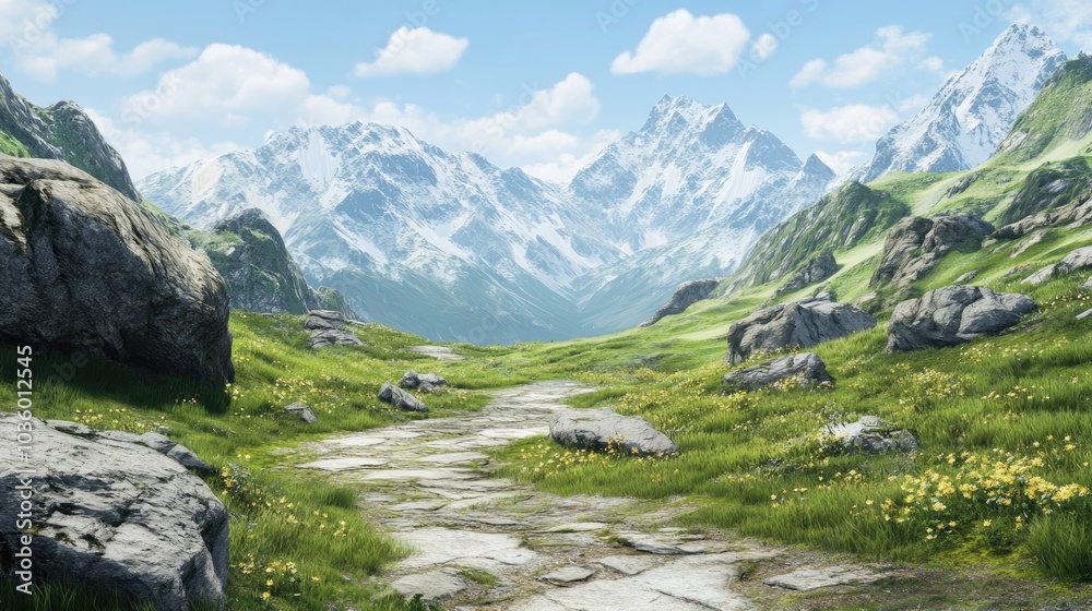 Serene Mountain Pathway in Lush Green Landscape Serene Mountain Pathway in Lush Green Landscape