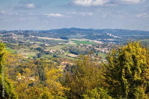 Panorama of the Monferrato hills, from the walls of the village of Cocconato (Italy, Piedmont Region, Asti Province). This area is world famous for its valuable red wines and is UNESCO Site since 2014