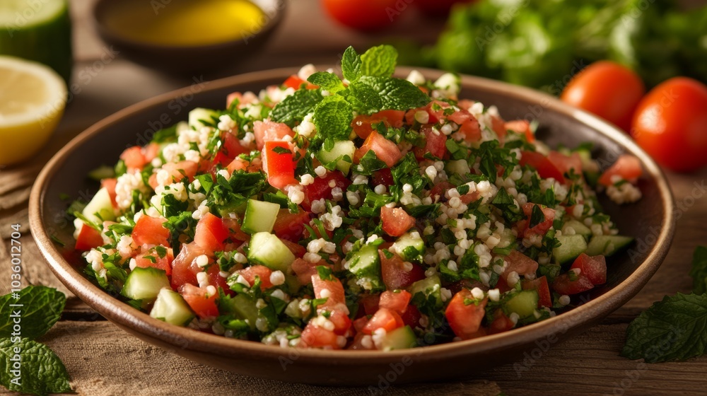 A delightful plate of Lebanese tabbouleh, bulgur wheat salad with tomatoes, cucumbers A delightful plate of Lebanese tabbouleh, bulgur wheat salad with tomatoes, cucumbers