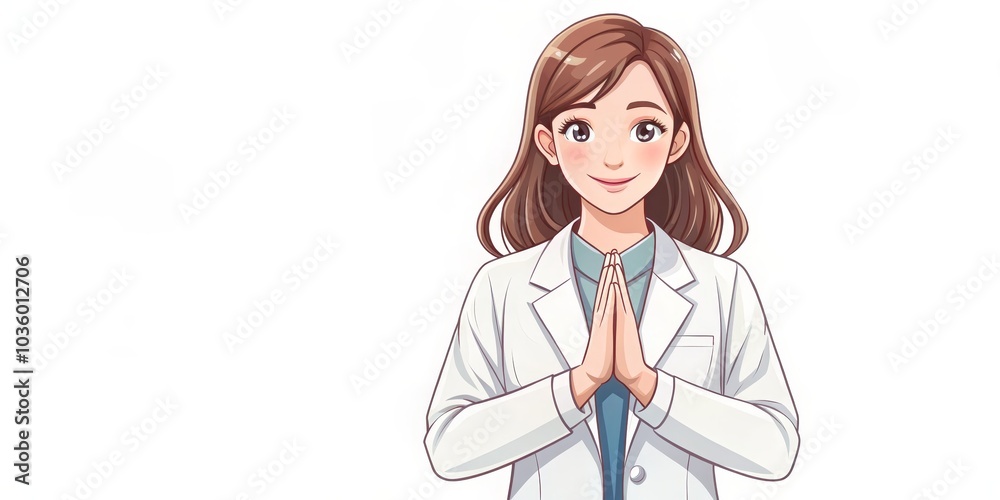 Smiling Female Doctor in White Coat with Hands Together in Greeting Pose, Digital Illustration, White Background, Doctor, Healthcare, Illustration Smiling Female Doctor in White Coat with Hands Together in Greeting Pose, Digital Illustration, White Background, Doctor, Healthcare, Illustration
