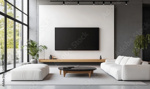 Modern minimalist office aesthetic large TV screen wall mounting technology innovation concept upscale corporate lobby design cool calm serene focus attention grabber statement piece center attraction