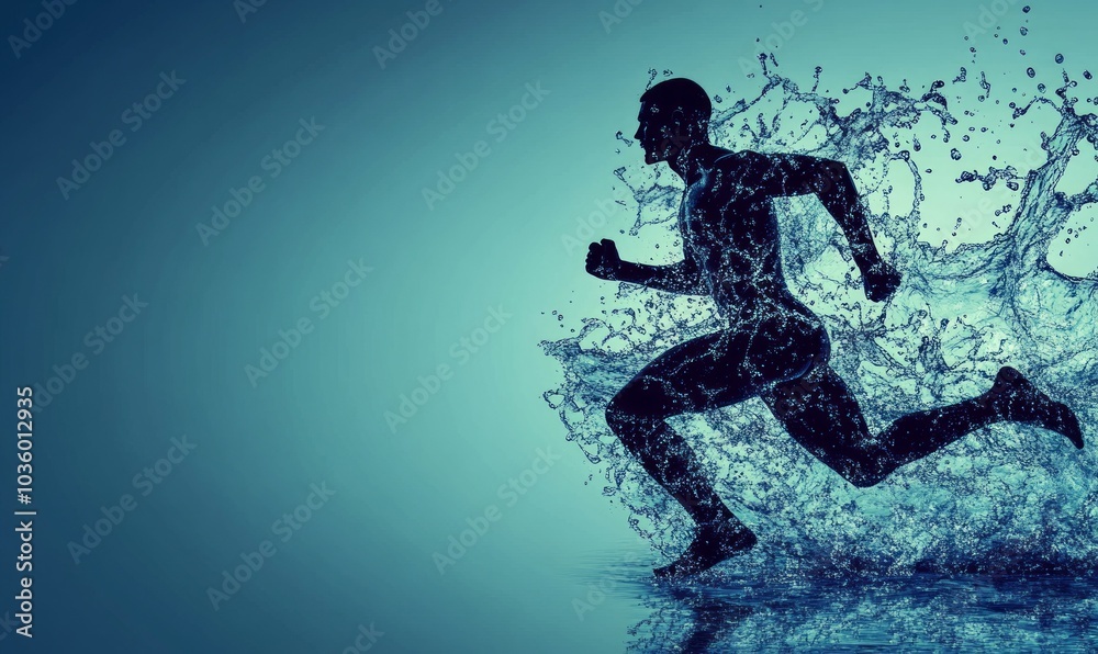 Silhouette of man from water. Water in the form of a running athlete. Concept of energy in life, healthy lifestyle --ar 5:3 --v 6.1 Job ID: 7b8e8fbf-b684-4fd6-b104-6009de907714 Silhouette of man from water. Water in the form of a running athlete. Concept of energy in life, healthy lifestyle --ar 5:3 --v 6.1 Job ID: 7b8e8fbf-b684-4fd6-b104-6009de907714