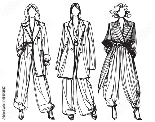 Black line hand drawn line fashion illustration. Girls in coat