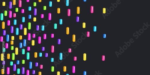 Sprinkle realistic with grains of desserts. Seamless pattern bright colorful sprinkles grainy isolated on black. Design for holiday designs, party, birthday, invitation. Vector 3d sweet confetti