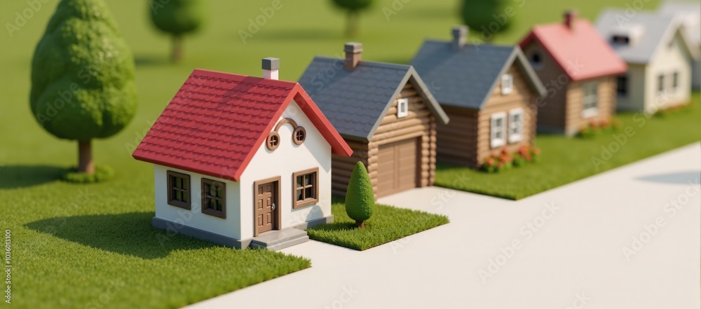 A charming row of miniature houses is depicted as a 3D illustration to represent buying a new home within the real estate market a heart-shaped symbol floats above the red house signifying love and A charming row of miniature houses is depicted as a 3D illustration to represent buying a new home within the real estate market a heart-shaped symbol floats above the red house signifying love and