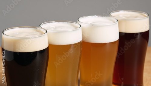 Four colorful beers each with a frothy head neatly aligned photo