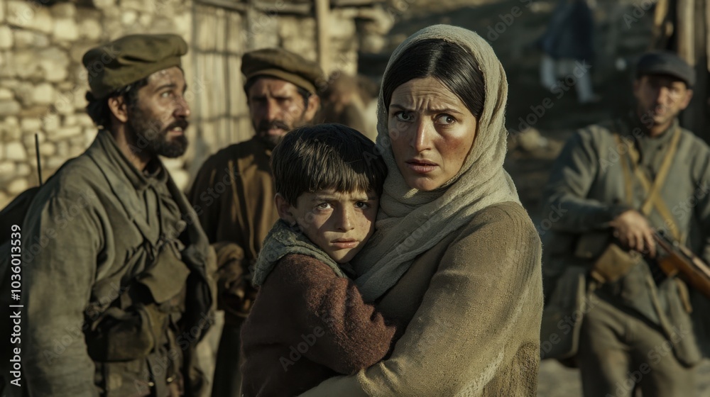 A civilian family being separated as soldiers take away the men, the mother clinging to her son in desperation, while the father is dragged away A civilian family being separated as soldiers take away the men, the mother clinging to her son in desperation, while the father is dragged away
