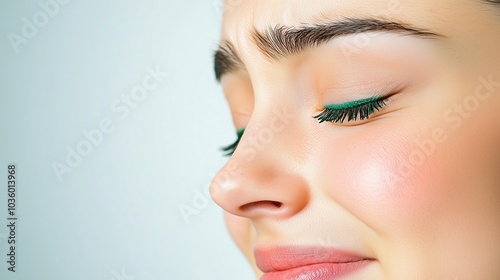 The face of a young woman with a bag under her eye close-up. Swelling of the lower eyelid. Bruises and dark circles appear from insomnia, stress, depression, overwork and fatigue