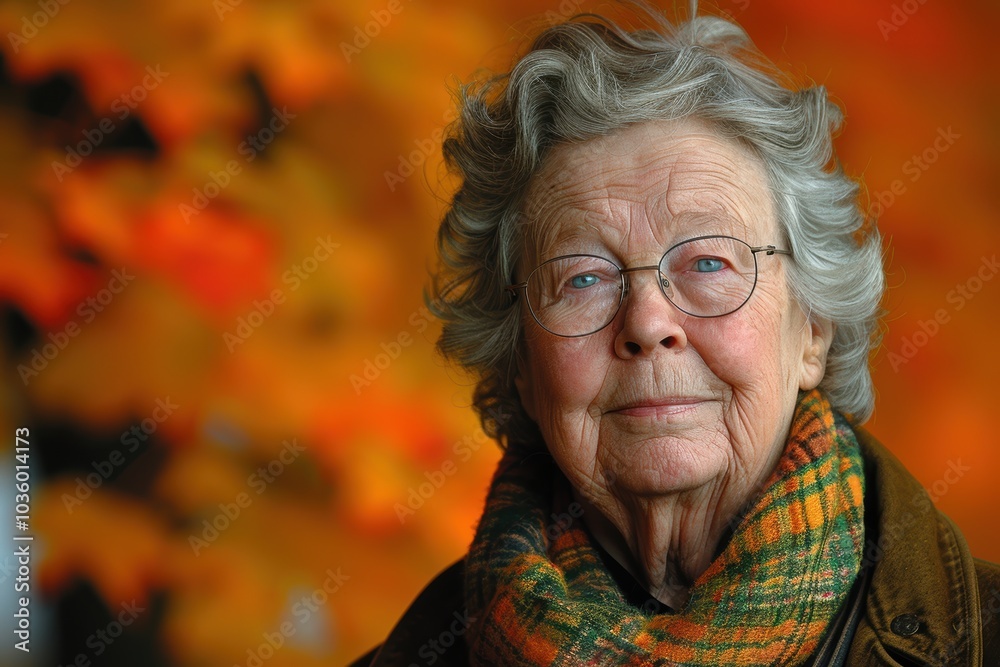A serene portrait of an elderly woman with glasses and a warm scarf, captured against the vibrant backdrop of autumn leaves in a park setting A serene portrait of an elderly woman with glasses and a warm scarf, captured against the vibrant backdrop of autumn leaves in a park setting